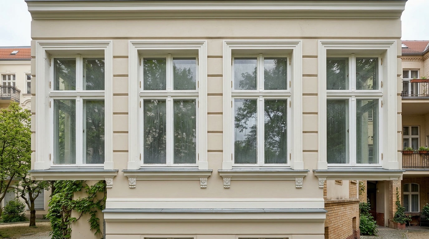 Vorher: Trübe Kastenfenster mit Streifen und vergilbtem Rahmen