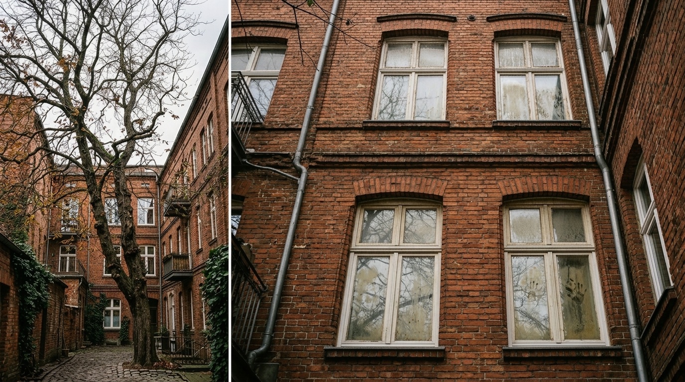 Vorher: Vom Hinterhof verschmutzte Fenster